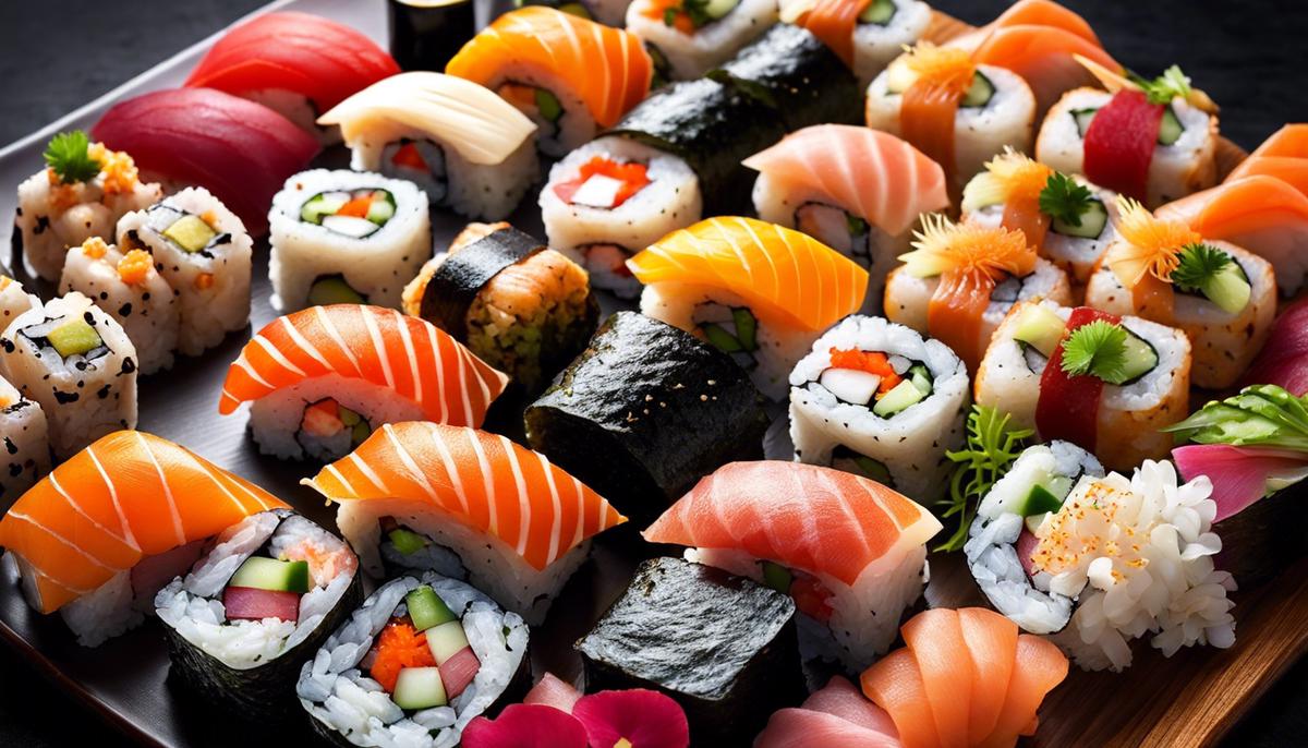 Una variada selección de rollos de sushi bellamente dispuestos en un plato