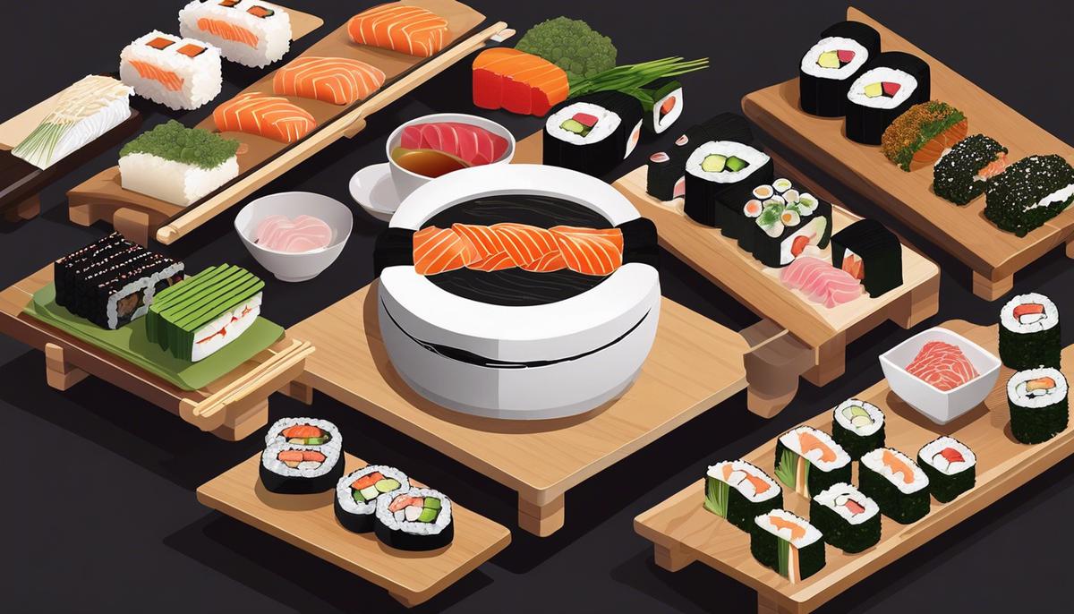 Illustration of the fermentation process of sushi, showcasing the various steps involved in the creation of the dish.