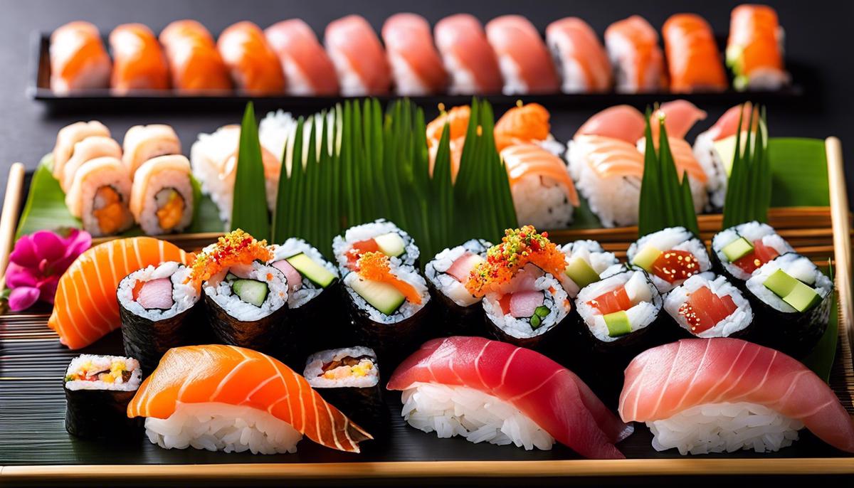 Una imagen de un plato de sushi presentado con estilo con una variación de sushi enrollado, nigiri y sashimi, rodeado de salsas fermentadas y especias.