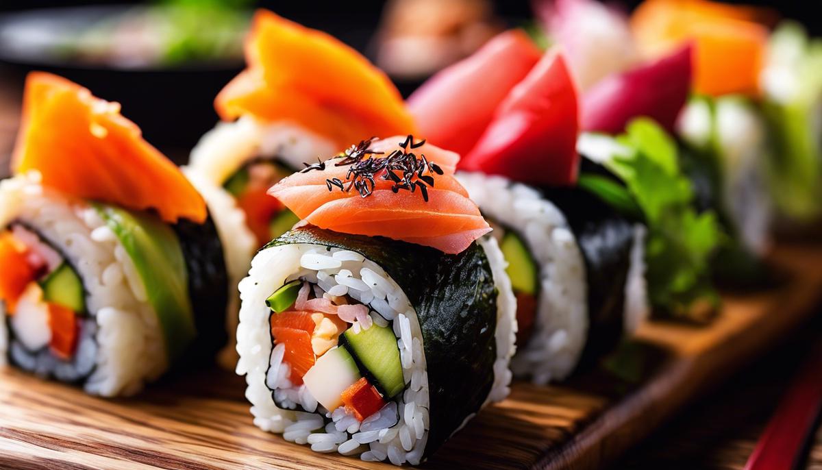 Una imagen en primer plano de coloridos rollos de sushi con varios rellenos.