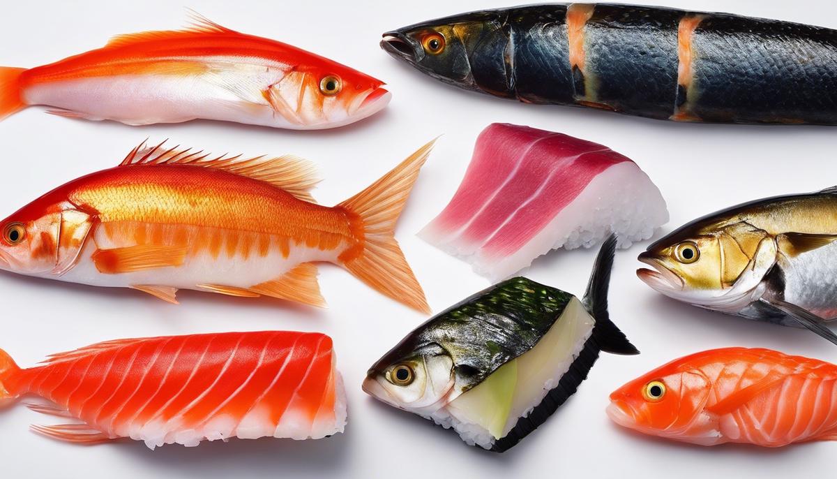 A high-quality photograph of various types of fresh fish used in sushi, showcasing their vibrant colors and textures.