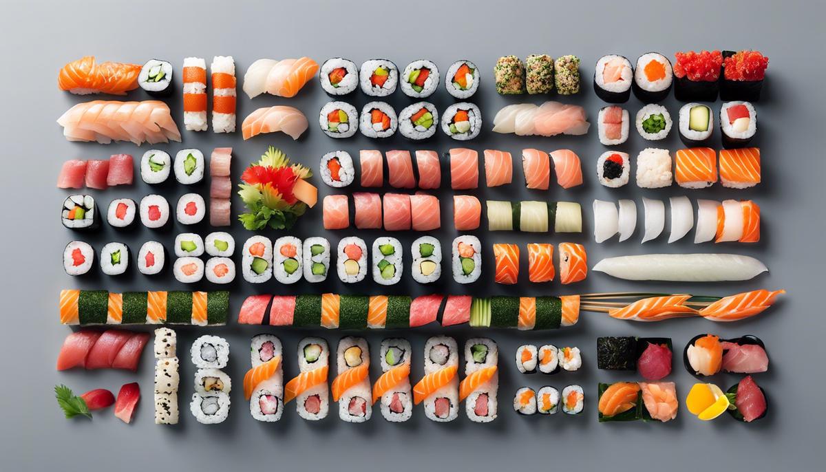 Ilustración de varios platos de sushi dispuestos de forma creativa, que muestran la innovación y la fusión en el mundo del sushi