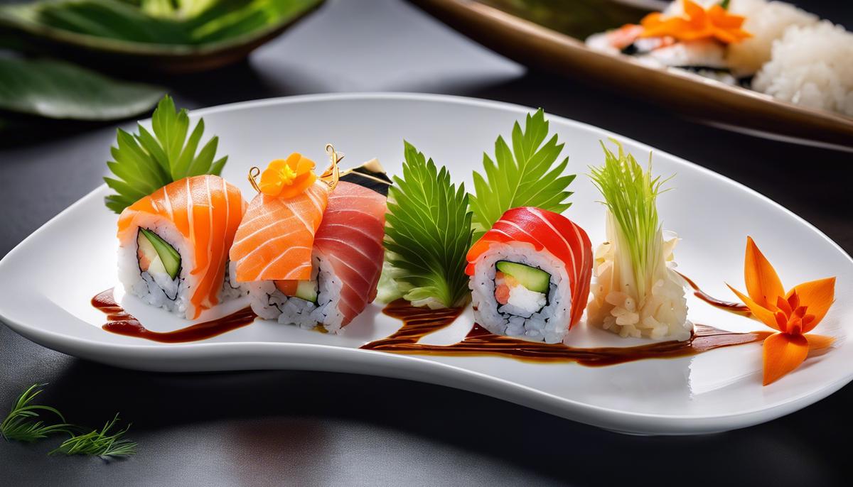 Imagen de un rollo de sushi con ingredientes sostenibles, que representa el futuro del sushi con un enfoque en la conciencia ambiental.
