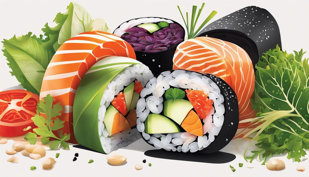 Ilustración de un rollo de sushi relleno de verduras de colores, que representa el futuro del sushi sostenible