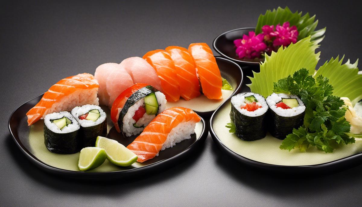 An artfully arranged garnish on sushi, consisting of fresh, crunchy green vegetables and thinly sliced salmon fillets.