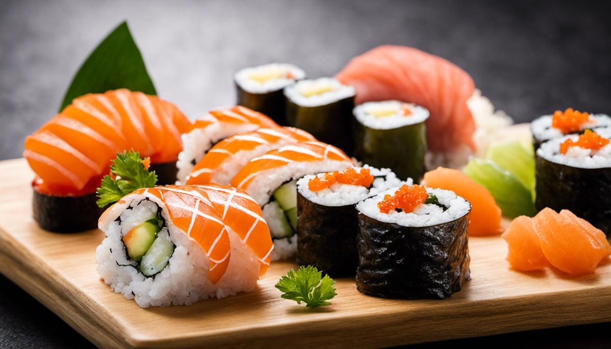 Guarnición de sushi con finas rodajas de salmón, huevas de pescado y mariscos en rodajas