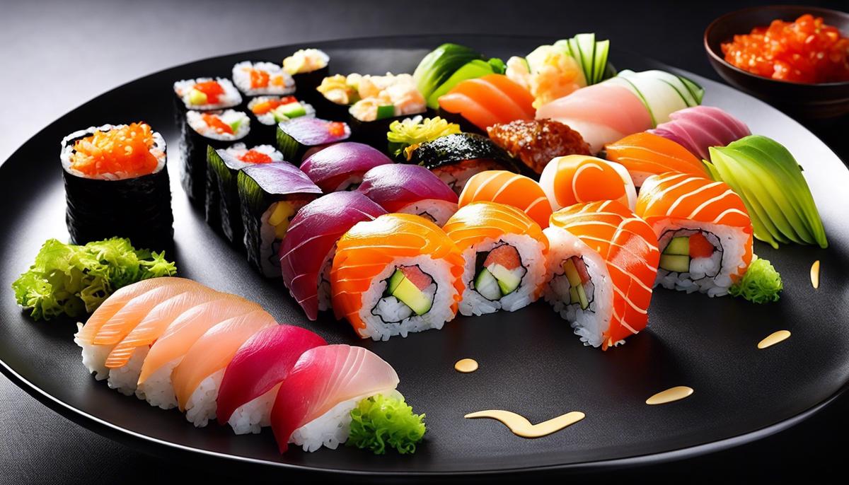 Ein Bild von schönen, kunstvoll zubereiteten Sushi-Rollen auf einem Teller