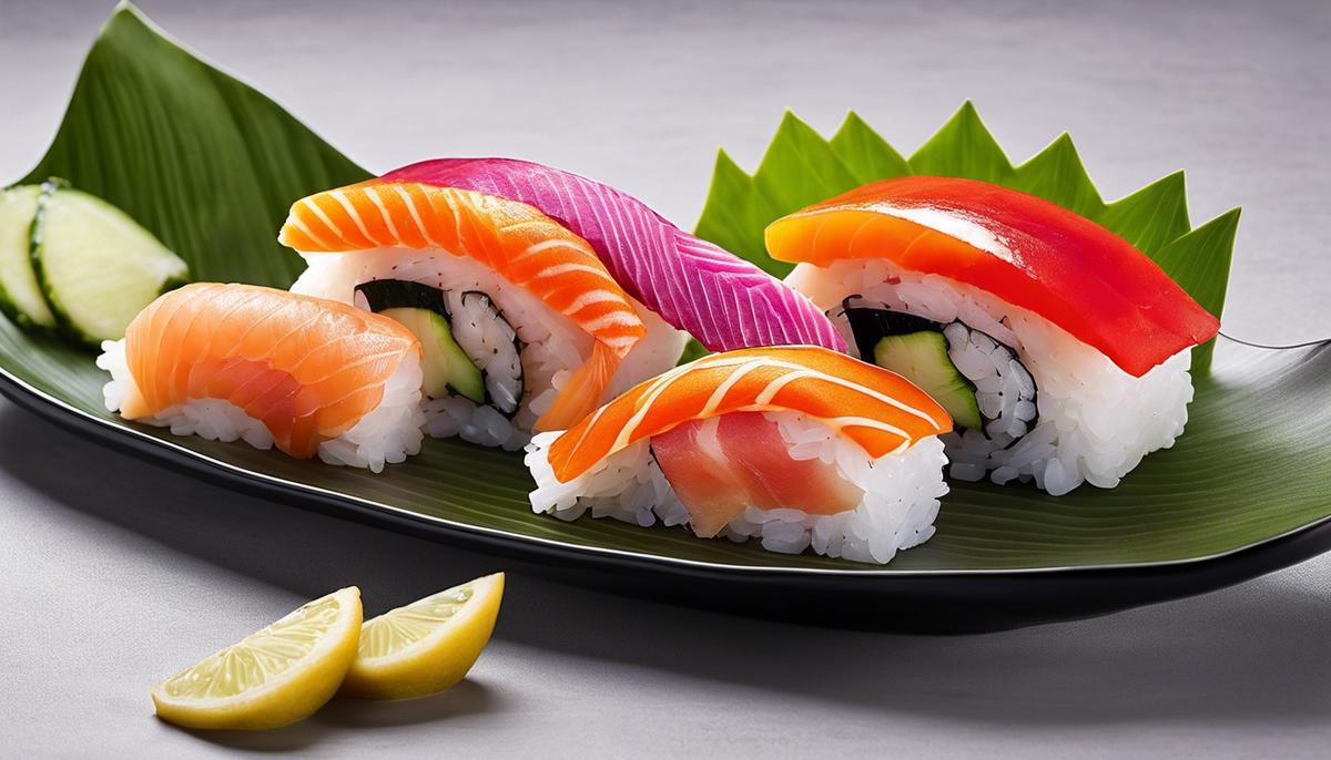 Un plato de pescado de calidad para sushi bellamente arreglado, que muestra colores vibrantes y una textura impecable, atractivo para la vista.