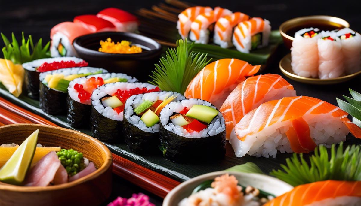 Un plato de piezas de sushi bellamente arregladas con pescado fresco y aderezos coloridos