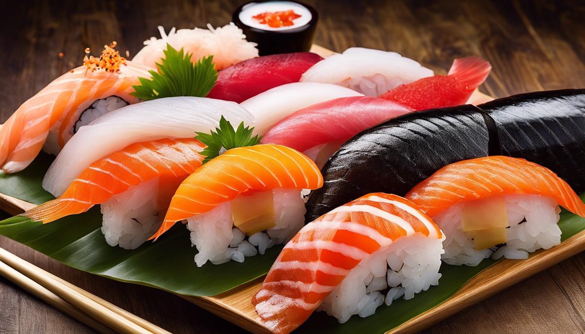 Un plato de pescado fresco apto para sushi, con colores vibrantes y varios cortes.