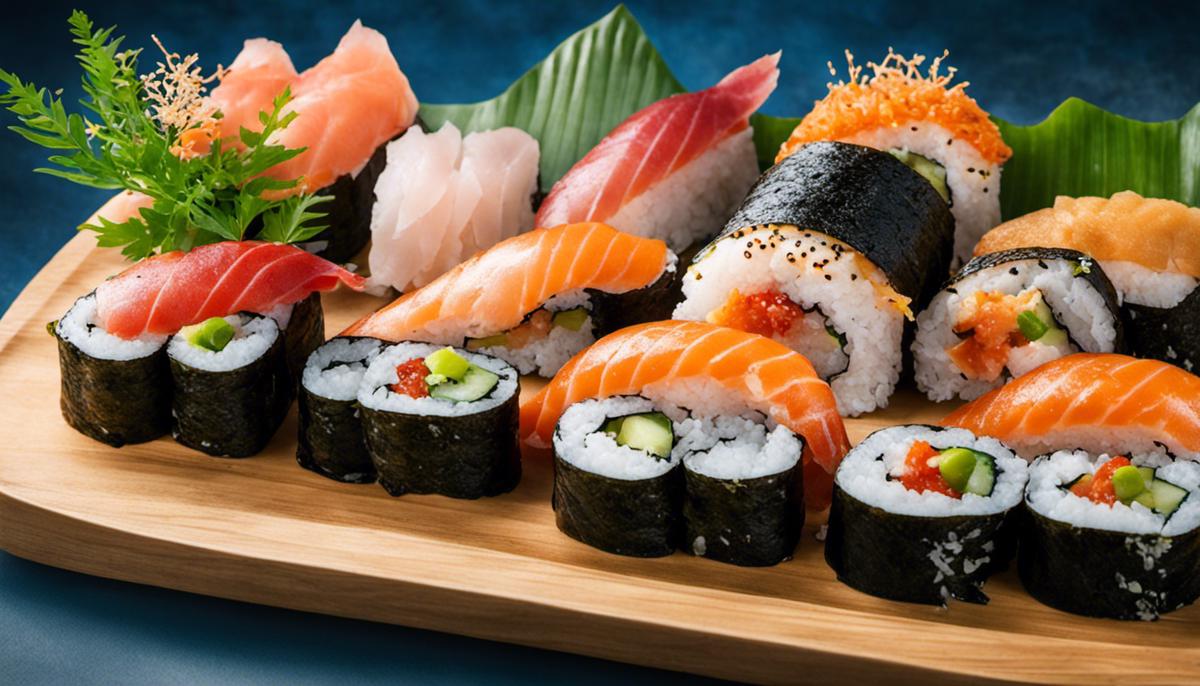 A plate of sushi featuring various types of fish, seaweed, and rice, showcasing the nutritional and cultural aspects of sushi.