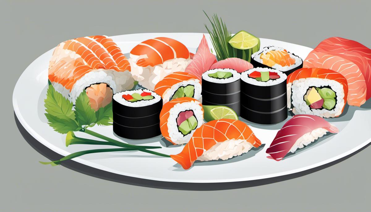 Ilustración de un plato de sushi con diferentes tipos de pescado y verduras, representando los beneficios saludables del sushi