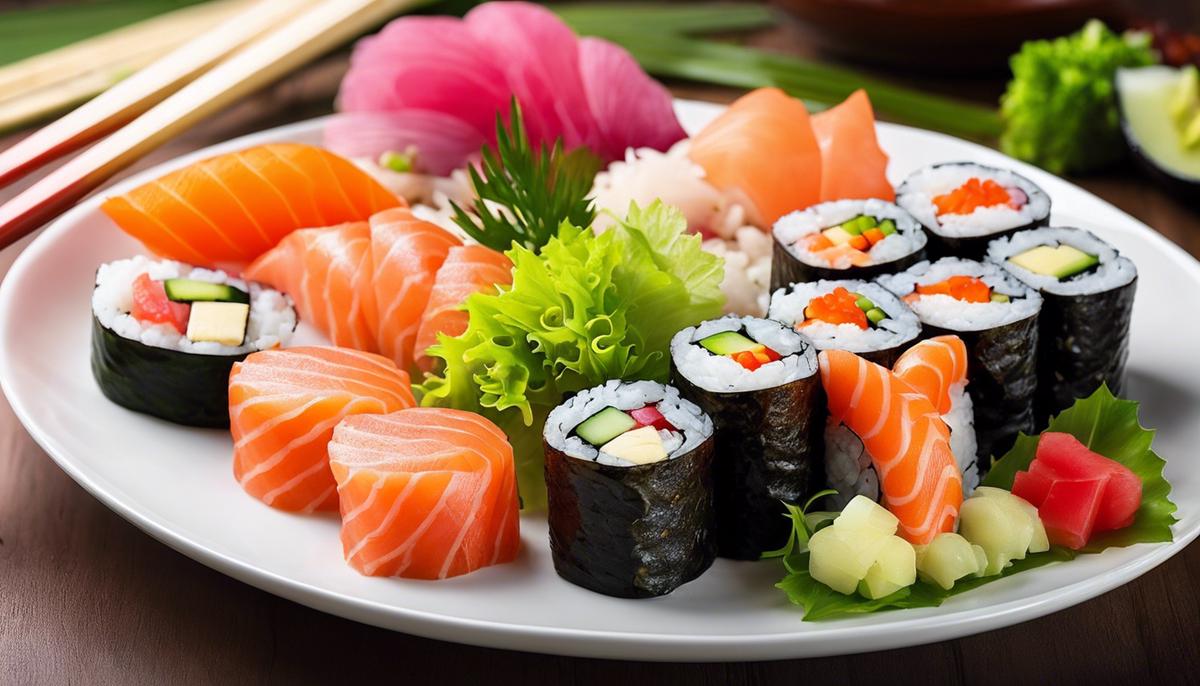 Un plato de coloridos rollos de sushi con pescado fresco, verduras y arroz, que representan los diversos beneficios para la salud del sushi.