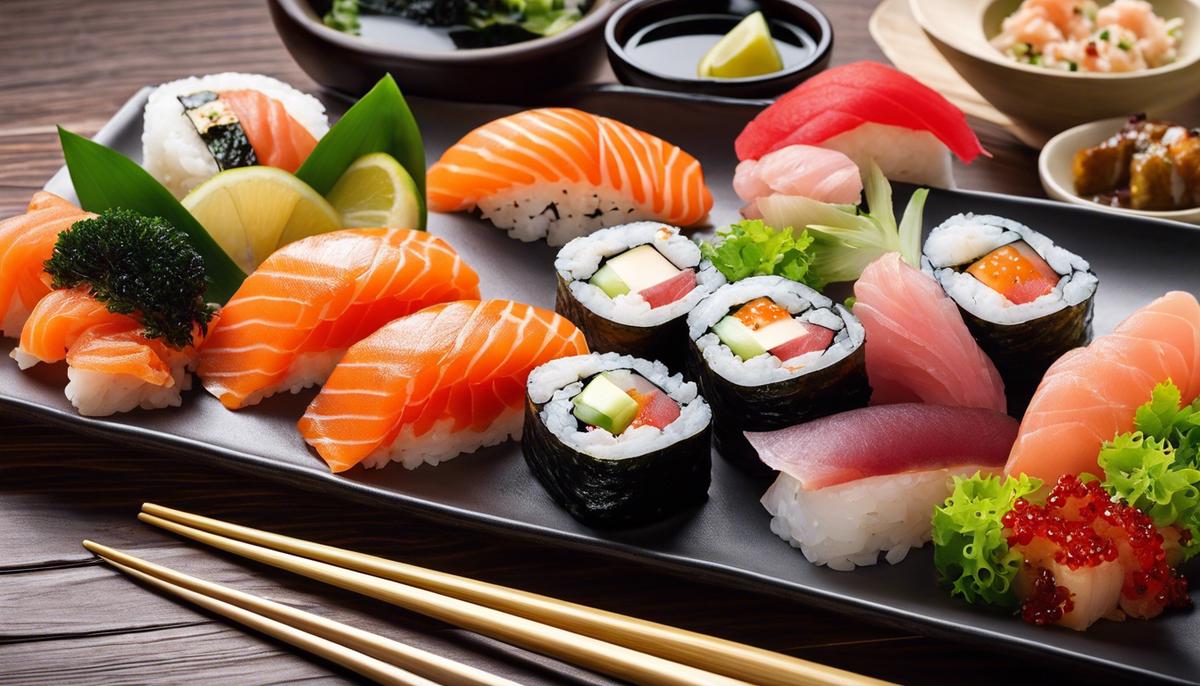 Imagen que muestra los aspectos saludables del sushi, incluidos los ingredientes frescos, los ácidos grasos omega-3 y una nutrición equilibrada