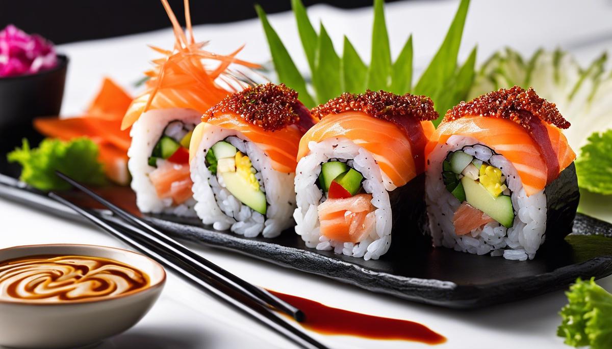 Una imagen de un rollo de sushi saludable con ingredientes frescos y sin salsas ni aderezos excesivos.
