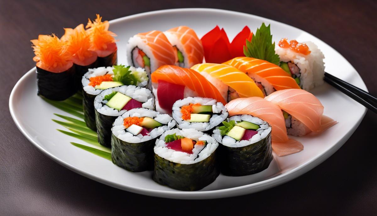 Un colorido plato de rollos de sushi, bellamente dispuestos en un plato moderno. La imagen muestra una comida de sushi saludable y visualmente atractiva.