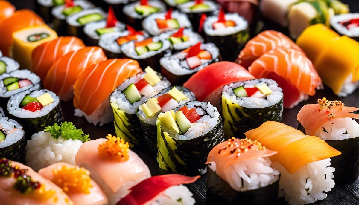 Una imagen en primer plano de varios rollos de sushi, que muestra el arte de la preparación del sushi.