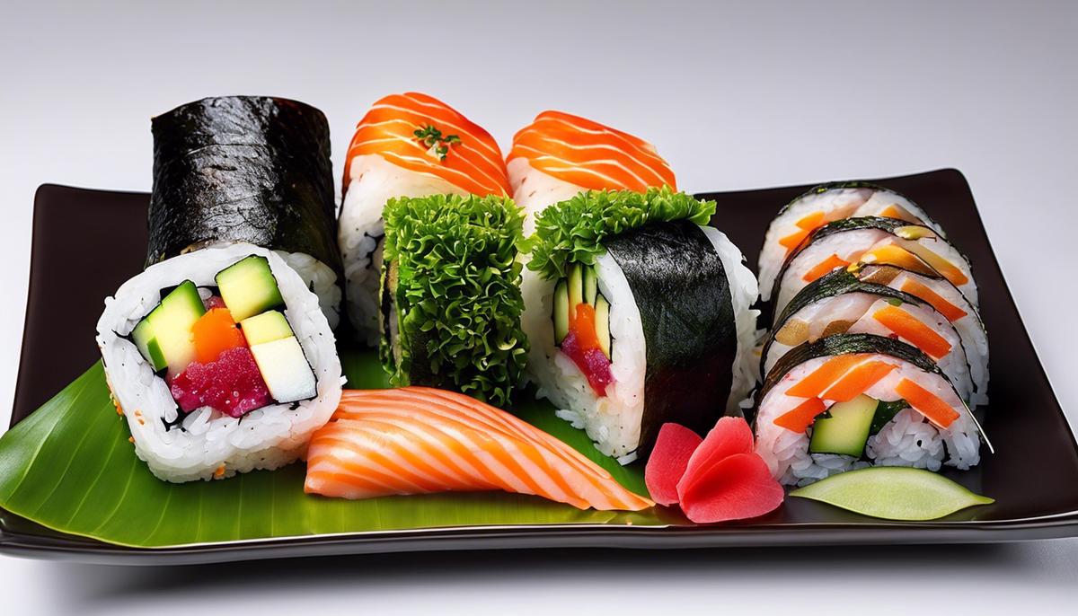 Un rollo de sushi con varios rellenos coloridos, que muestra el arte y la variedad del sushi.