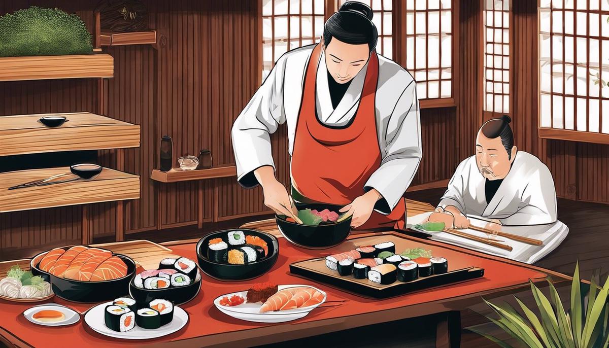 Ilustración de un equipo de sushi limpio, una estera de bambú brillante, un recipiente de arroz de madera pulida y superficies de trabajo inmaculadas iluminadas solo por arroz de sushi radiante.