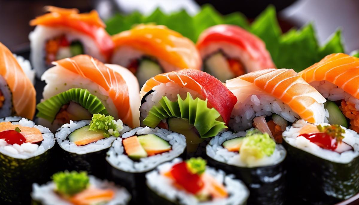 A close-up image of a plate of sushi rolls with various toppings and fillings, showcasing the beauty and artistry of sushi.