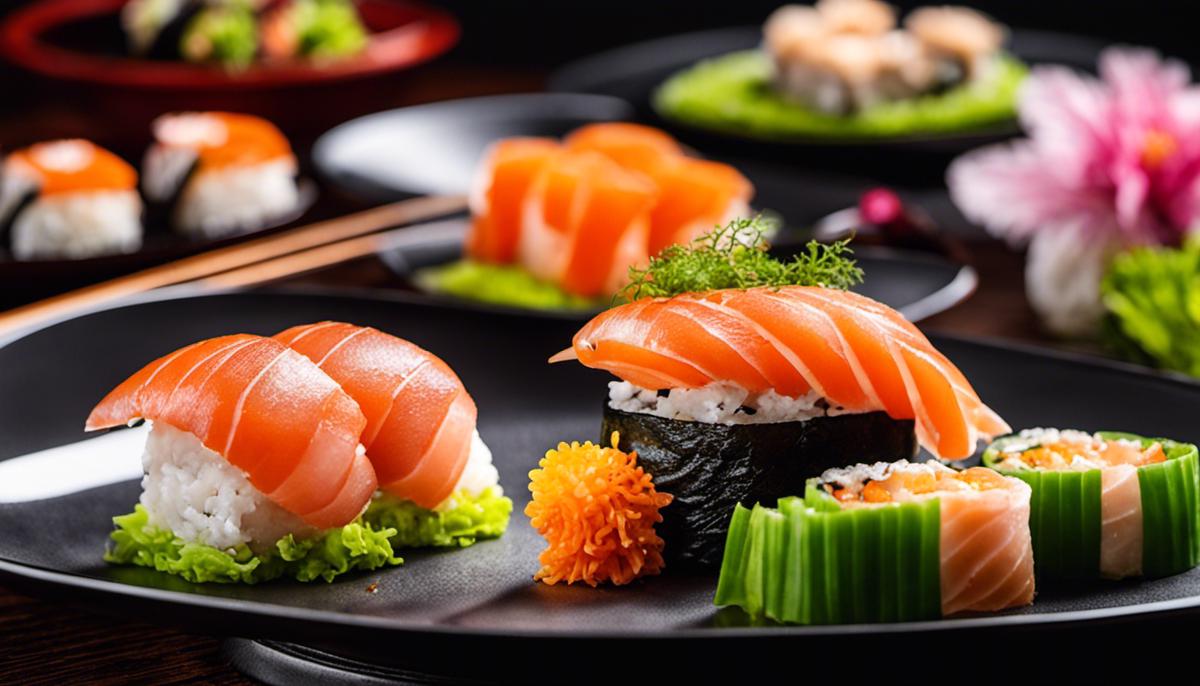 Una imagen de diferentes sushis en un plato, que representa la variedad y belleza de esta icónica delicia gastronómica.