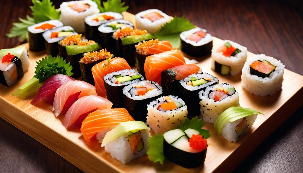 A close-up image of beautifully arranged sushi rolls, garnished with colorful ingredients and served on a wooden plate.