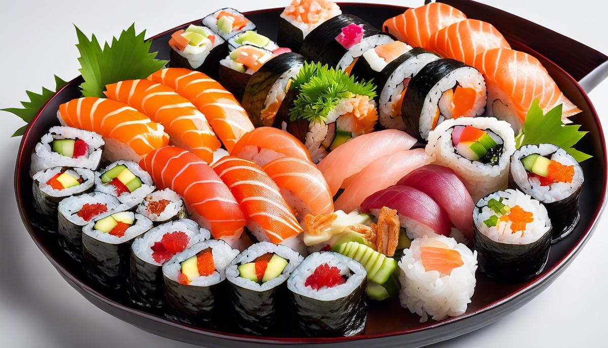 Una imagen en primer plano de un plato de sushi bellamente presentado con varios tipos de rollos de sushi y nigiri. Los colores vibrantes y la disposición detallada muestran el arte del sushi.