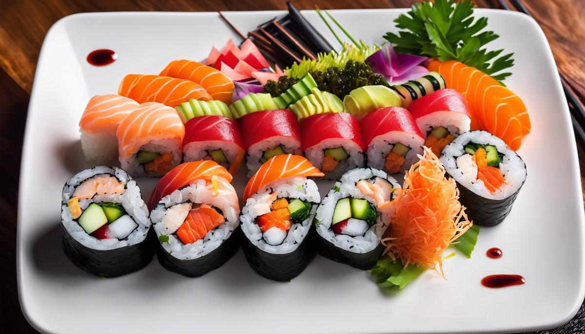 Un plato de rollos de sushi bellamente arreglados con colores vibrantes e ingredientes frescos