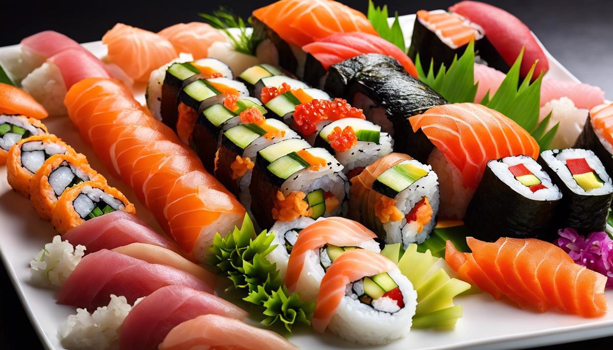 Un plato de sushi bellamente presentado con varios panecillos, sashimi y guarniciones, que muestra el arte y los sabores del sushi casero.