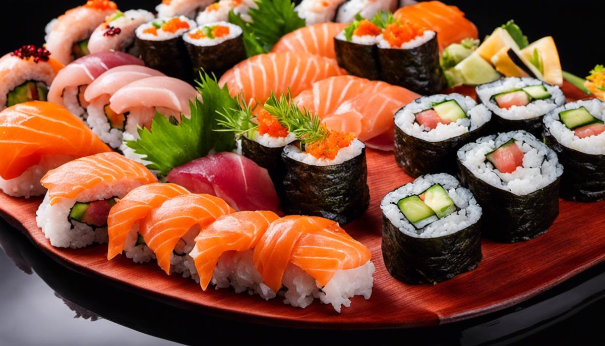 A close-up image of a beautifully prepared sushi platter with various types of sushi rolls and sashimi. The colors and presentation are visually stunning.