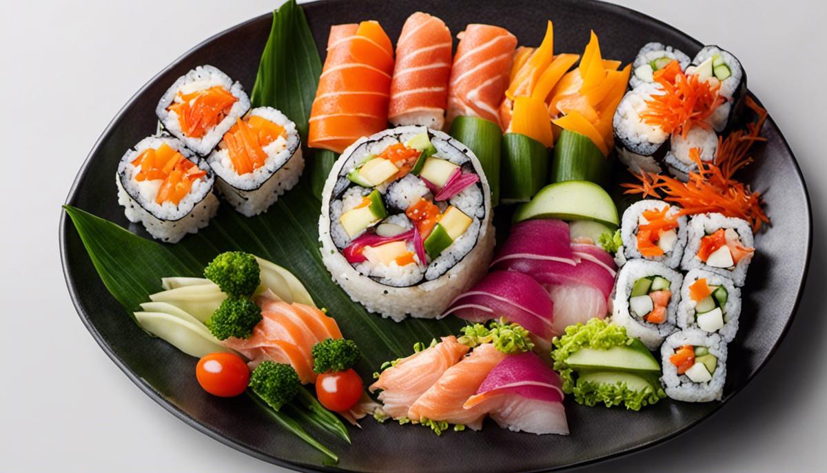 Un plato de rollos de sushi bellamente presentados con verduras y pescados de colores, que muestra el arte de la cocina japonesa.