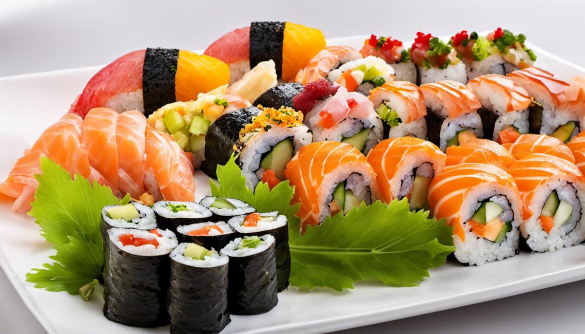 A platter of vibrant sushi rolls with various colorful ingredients, showcasing the diverse flavors and artistic presentation of this globally beloved cuisine.