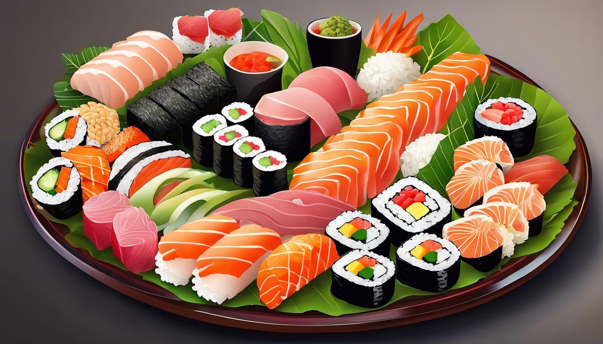 Ilustración de un colorido plato de sushi con varios rollos de sushi, sashimi y guarniciones. Una delicia para los amantes del sushi.