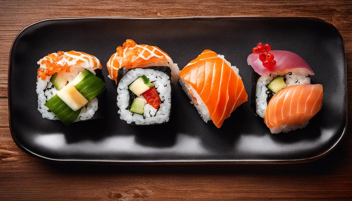 Rollos de sushi en un plato, que muestran la variedad y el arte de los rollos de sushi