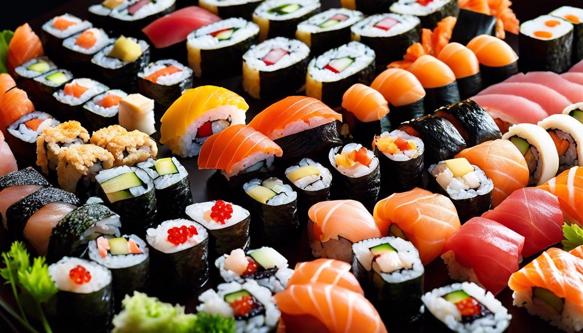 Una imagen en primer plano de rollos de sushi bellamente dispuestos con diferentes colores y aderezos, que muestra el arte y la variedad del sushi regional en Japón.