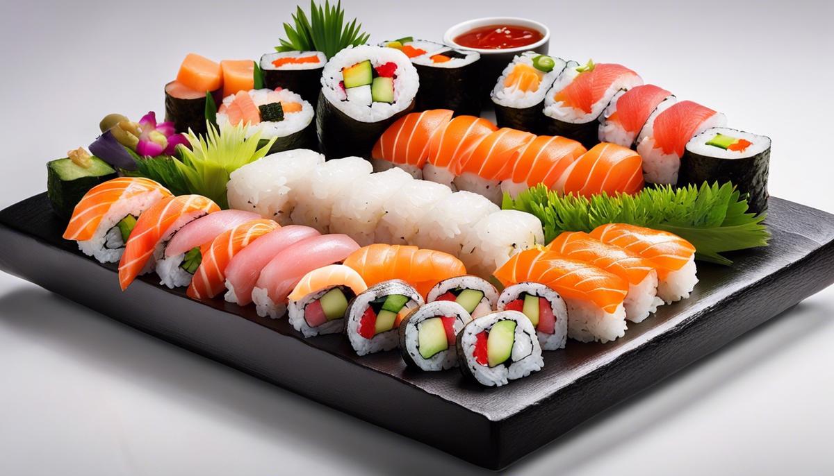 Un plato de sushi visualmente atractivo con una variedad de ingredientes coloridos y rollos de sushi perfectamente enrollados, que muestra el arte y la artesanía de la elaboración de sushi