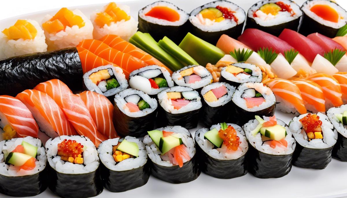 Un plato de rollos de sushi variados con ingredientes coloridos, que demuestran la variedad y el arte del sushi.