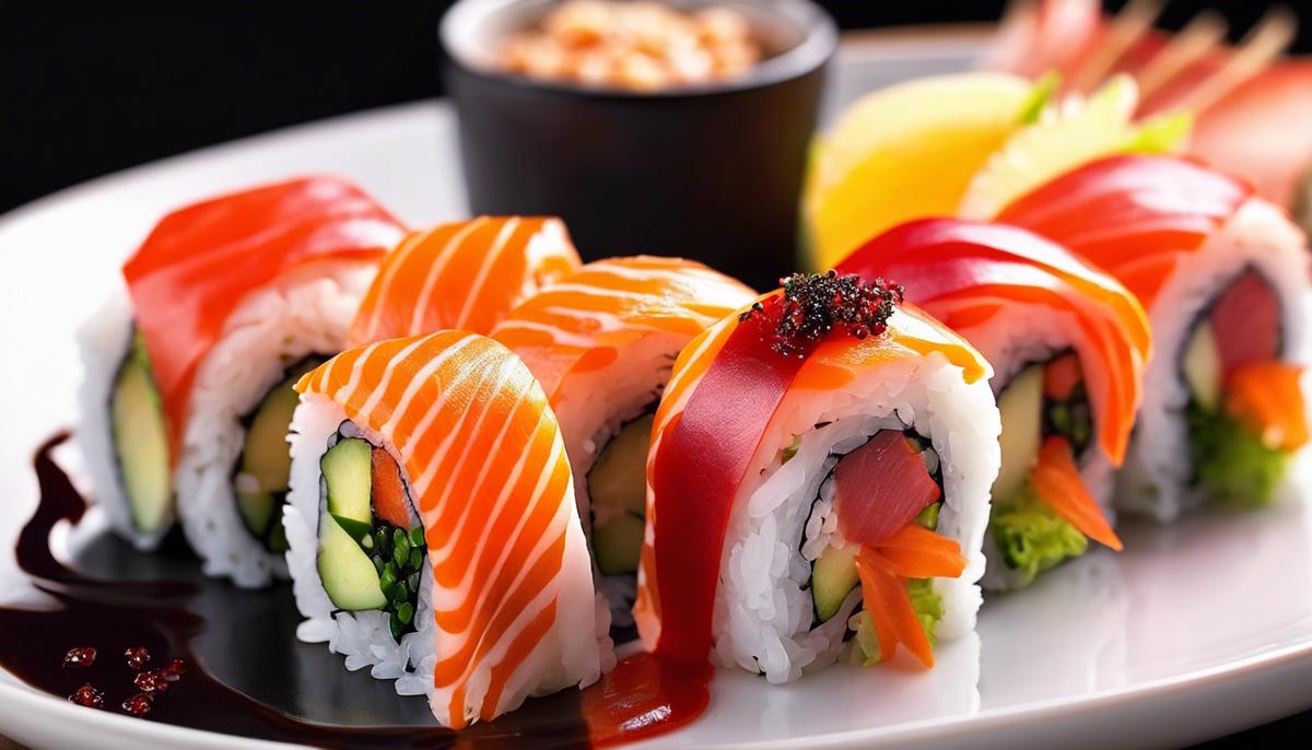 Una imagen en primer plano de rollos de sushi bellamente presentados en un plato