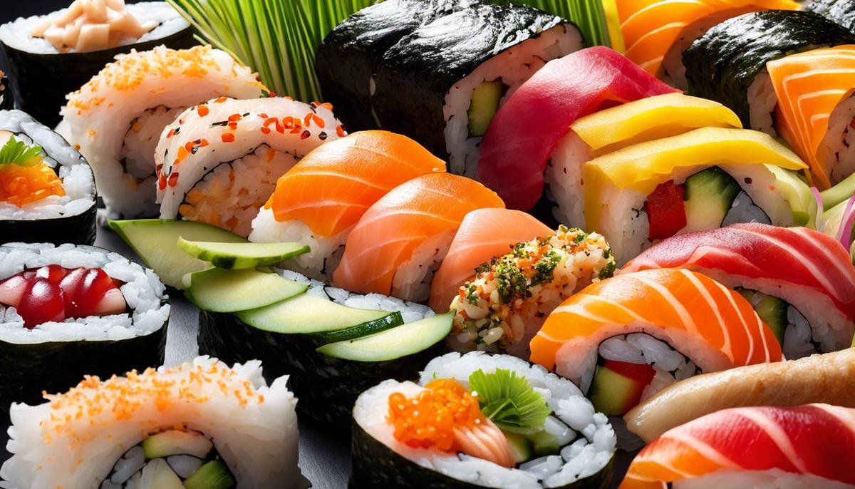 Un plato de rollos de sushi con varios ingredientes coloridos.