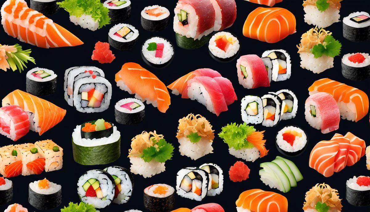 A picture of delicious and colorful sushi rolls.