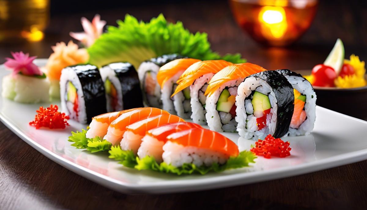 Un plato de varios rollos de sushi, con pescados y verduras de colores, bellamente dispuestos.