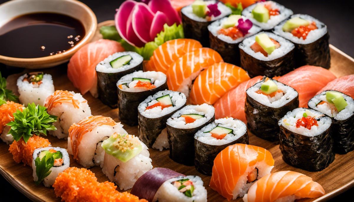 Un plato de rollos de sushi deliciosamente preparados con varios ingredientes y guarniciones, que muestra la belleza y el arte de la cocina de sushi.