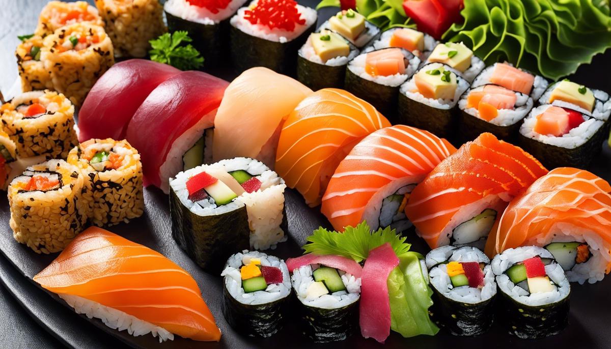 Close-up image of a colorful sushi platter with various rolls and toppings