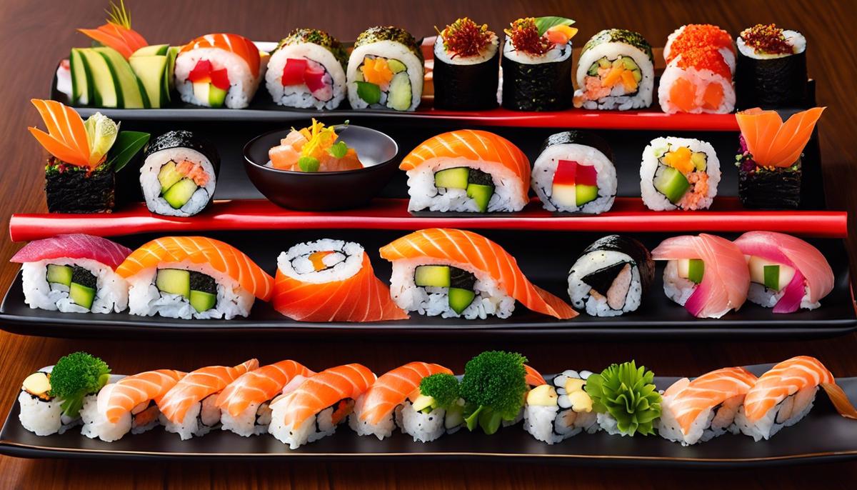 Un plato de sushi bellamente arreglado con colores vibrantes e ingredientes frescos.