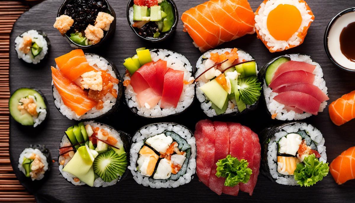 Un colorido surtido de rollos de sushi adornados con varios ingredientes.
