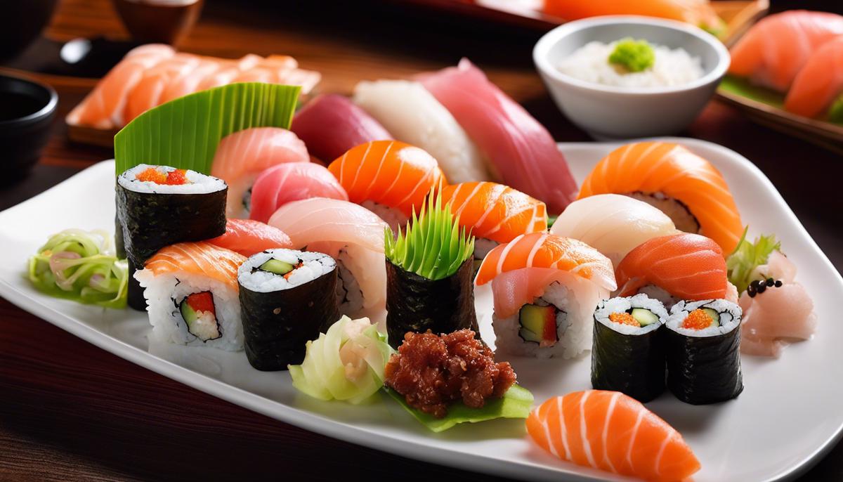 Un plato de sushi con una variedad de panecillos cubiertos, sashimi y nigiri.