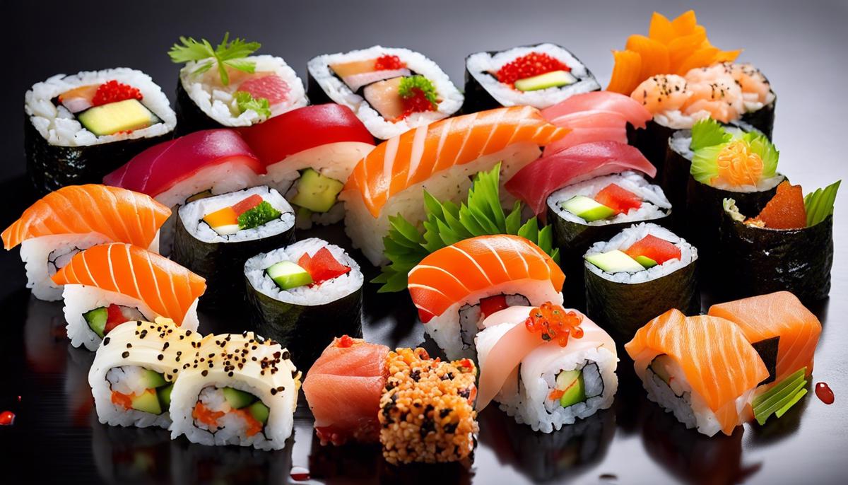 Un plato de rollos de sushi bellamente arreglados con varios rellenos y guarniciones de colores.
