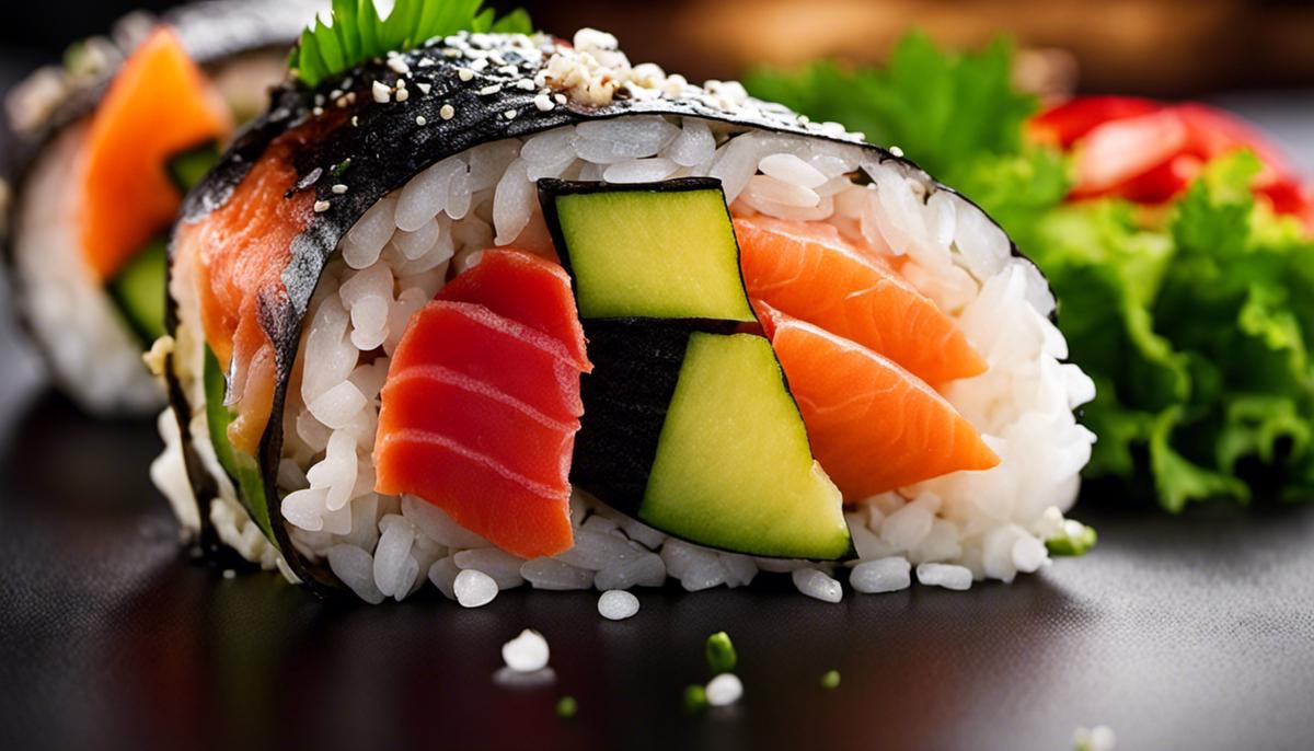 A close-up image of a sushi roll, showing the vibrant colors of the fish, rice, and vegetables.