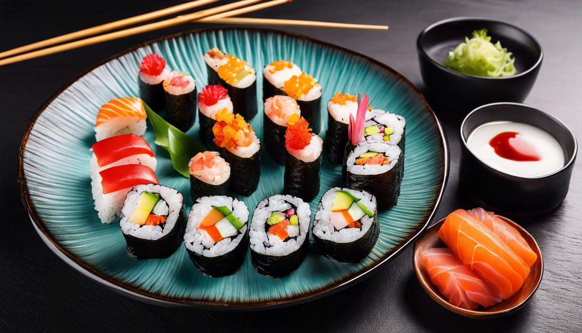 A colorful and visually appealing plate of sushi with various types of rolls and fresh ingredients