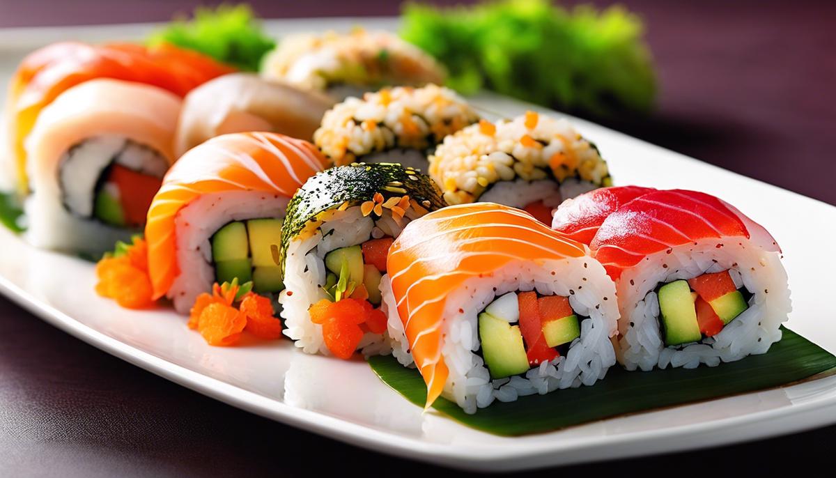 Un plato de rollos de sushi, que muestra los colores vibrantes y la intrincada presentación de este querido plato japonés.